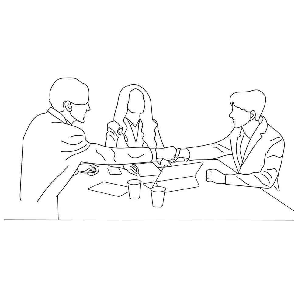 Business meeting discussion between workers in the office hand drawn vector illustration line art design.