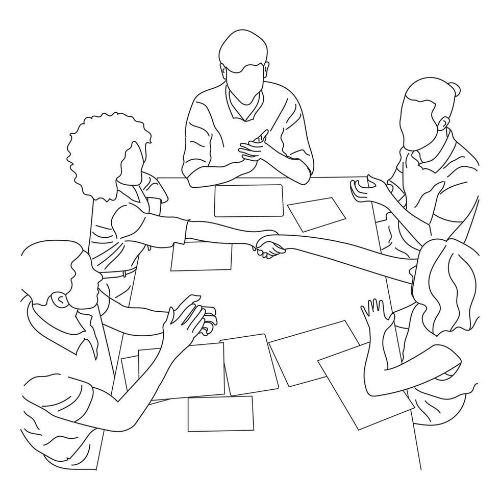 Business meeting discussion between workers in the office hand drawn vector illustration line art design.