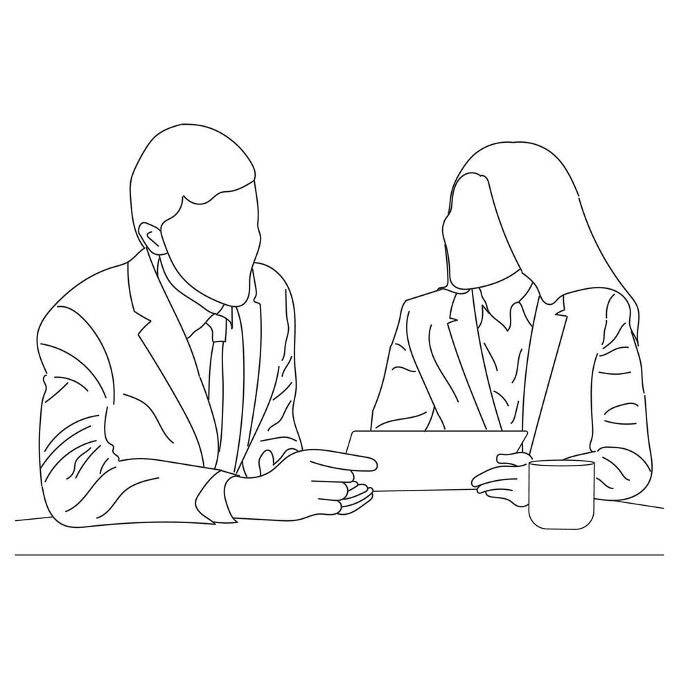 Business meeting discussion between workers in the office hand drawn vector illustration line art design.