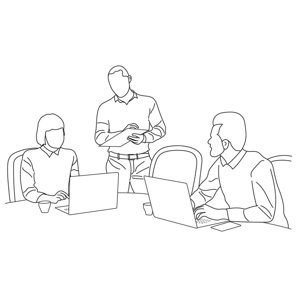 Business meeting discussion between workers in the office hand drawn vector illustration line art design.
