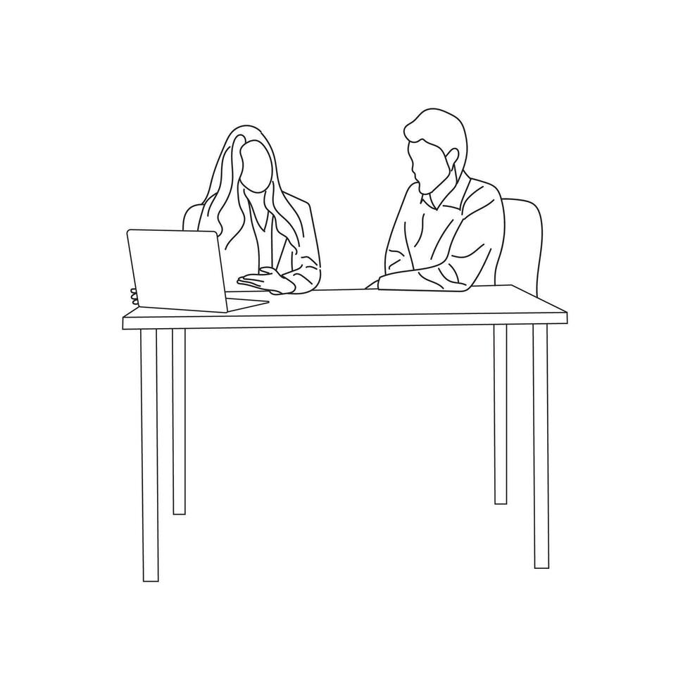 Business meeting discussion between workers in the office hand drawn vector illustration line art design.