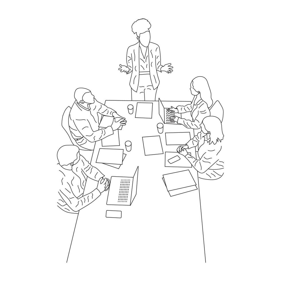 Business meeting discussion between workers in the office hand drawn vector illustration line art design.