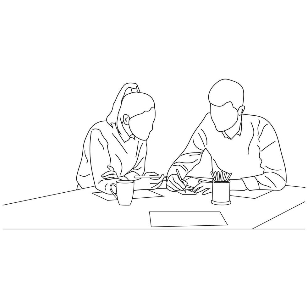 Business meeting discussion between workers in the office hand drawn vector illustration line art design.