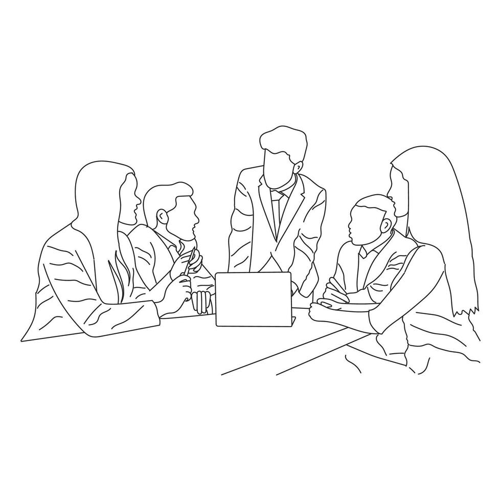 Business meeting discussion between workers in the office hand drawn vector illustration line art design.