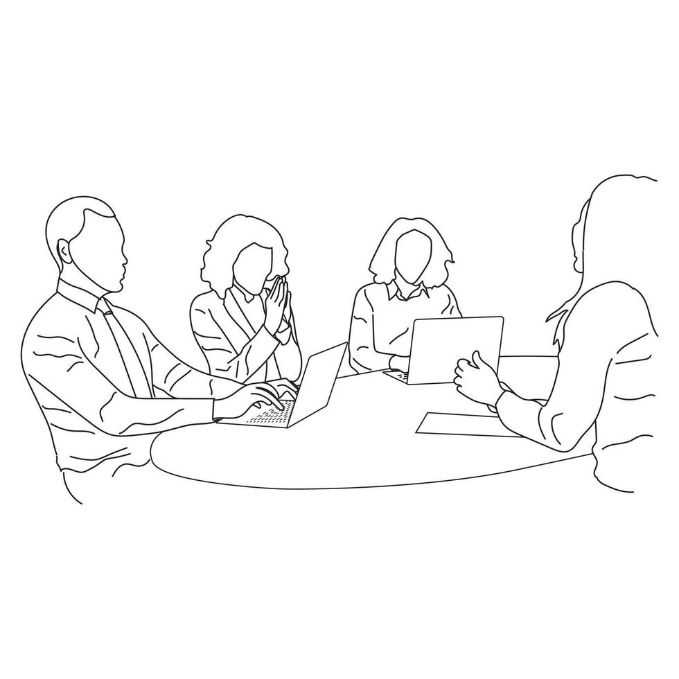 Business meeting discussion between workers in the office hand drawn vector illustration line art design.