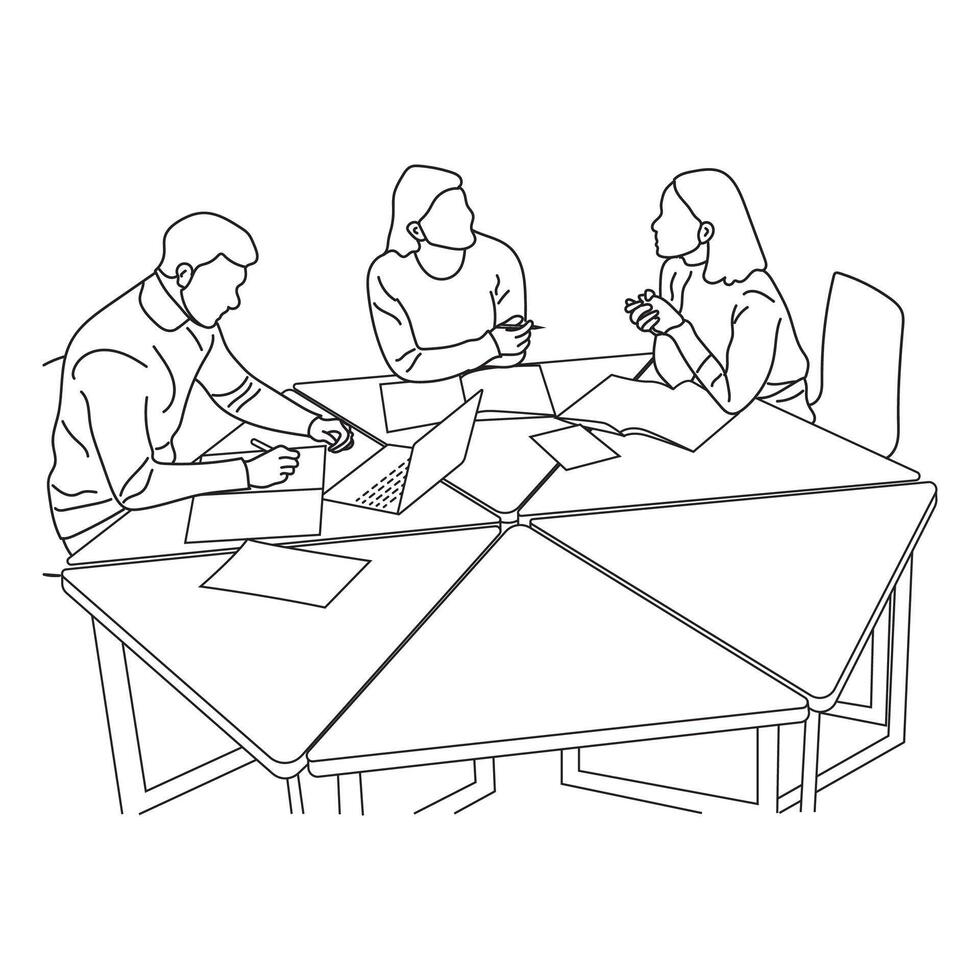 negocio reunión discusión Entre trabajadores en el oficina mano dibujado vector ilustración línea Arte diseño.