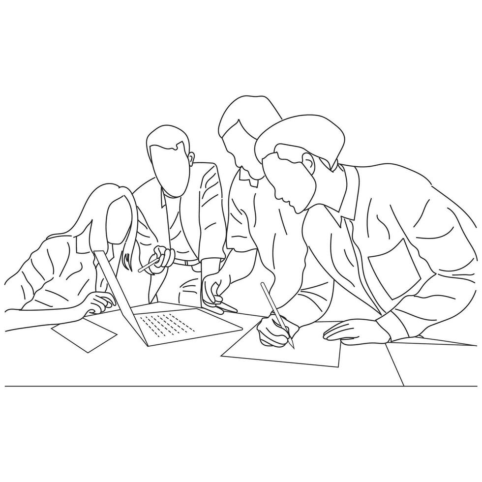Business meeting discussion between workers in the office hand drawn vector illustration line art design.