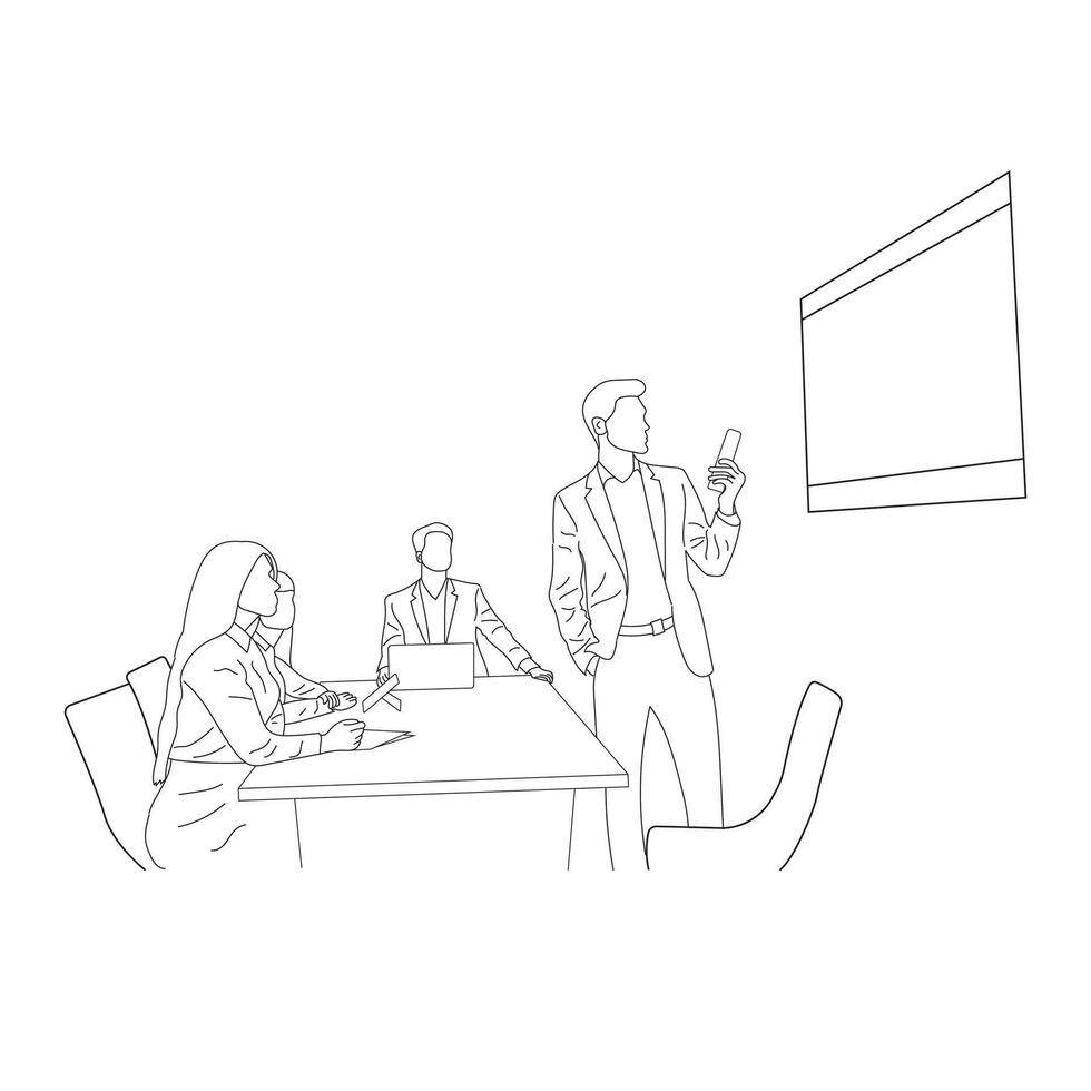 Business meeting discussion between workers in the office hand drawn vector illustration line art design.