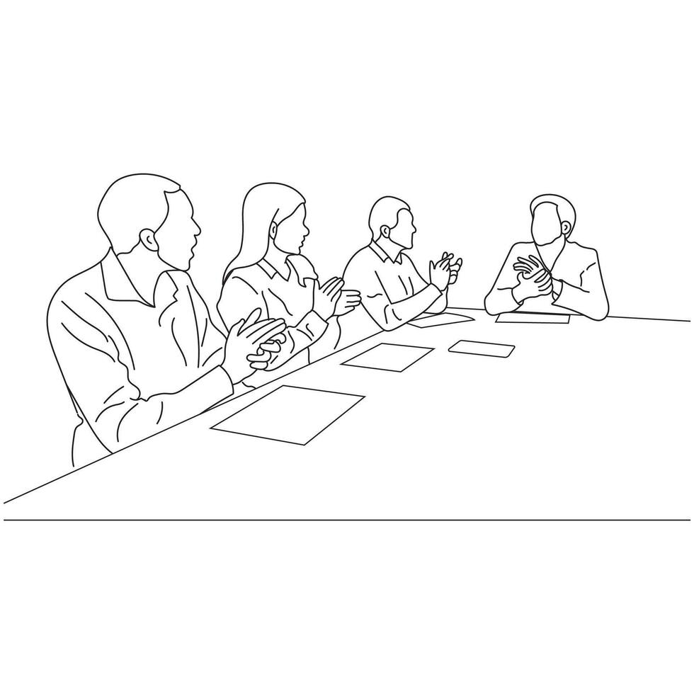 negocio reunión discusión Entre trabajadores en el oficina mano dibujado vector ilustración línea Arte diseño.