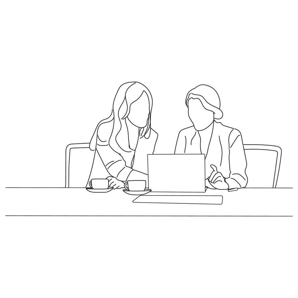 Business meeting discussion between workers in the office hand drawn vector illustration line art design.