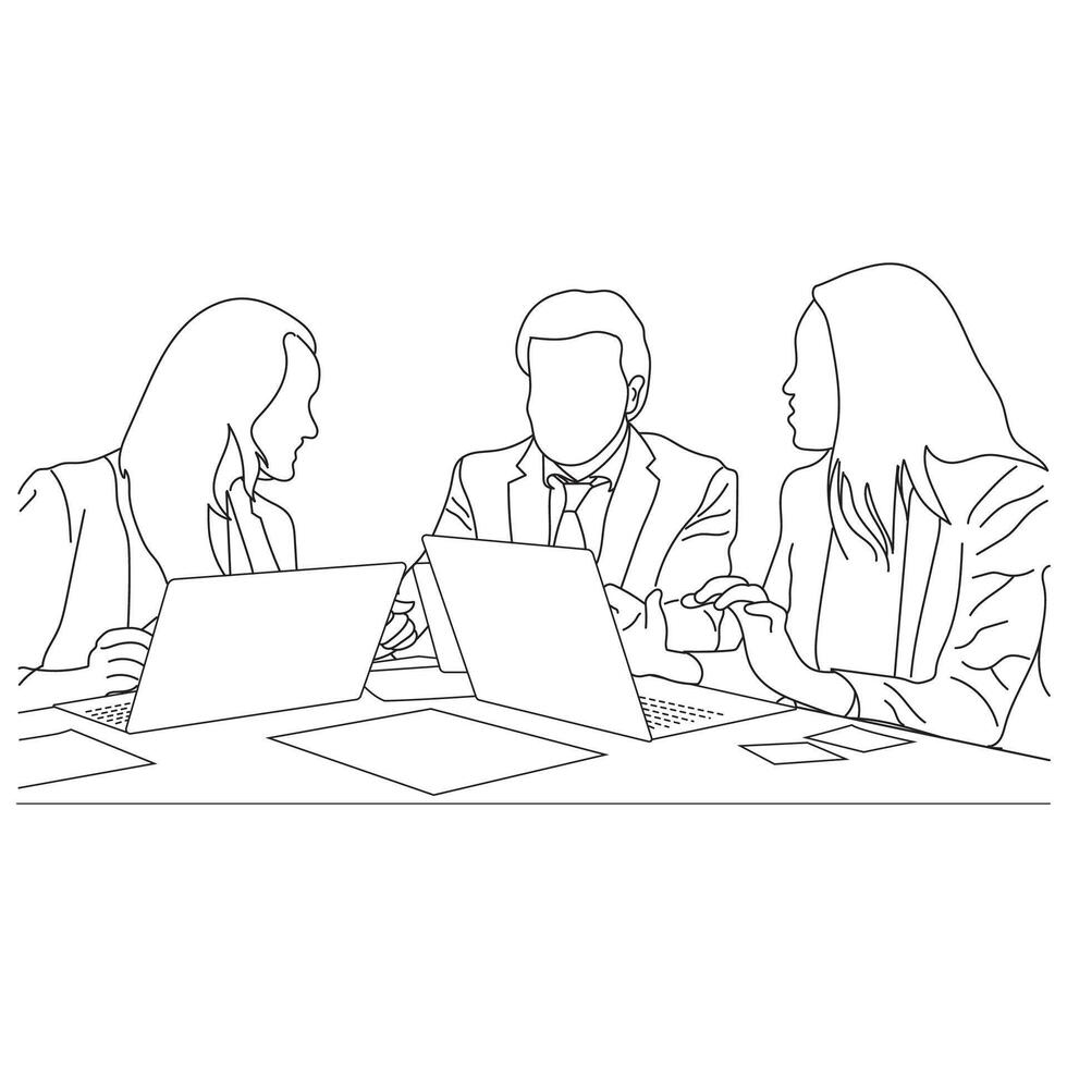 Business meeting discussion between workers in the office hand drawn vector illustration line art design.