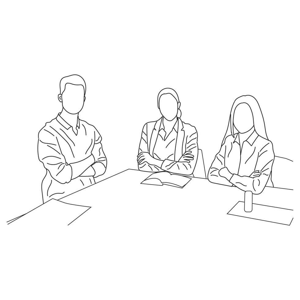 Business meeting discussion between workers in the office hand drawn vector illustration line art design.