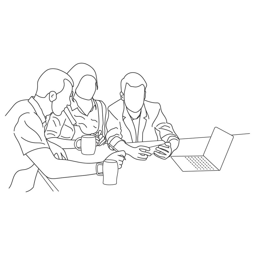 negocio reunión discusión Entre trabajadores en el oficina mano dibujado vector ilustración línea Arte diseño.