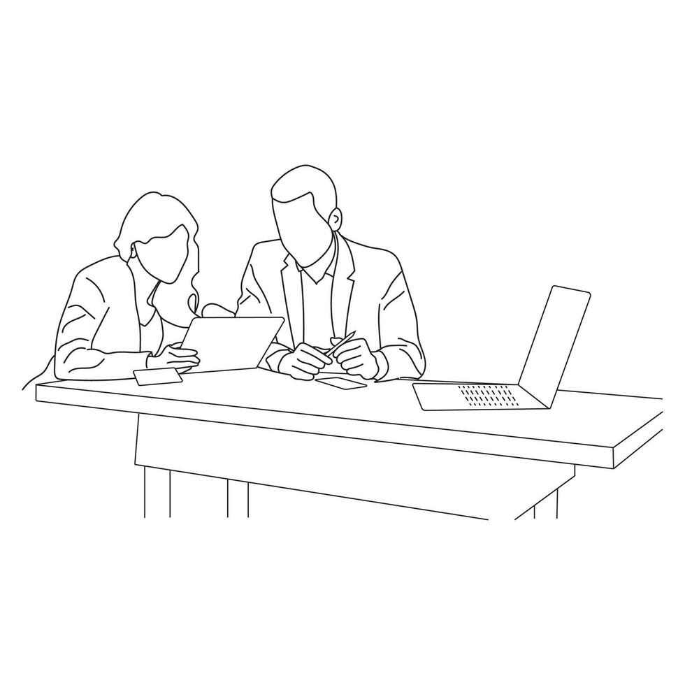 Business meeting discussion between workers in the office hand drawn vector illustration line art design.