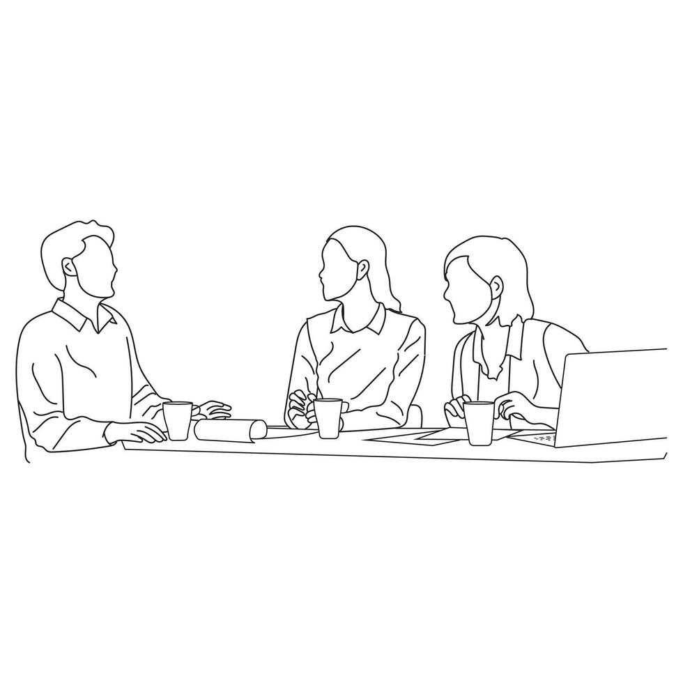 Business meeting discussion between workers in the office hand drawn vector illustration line art design.