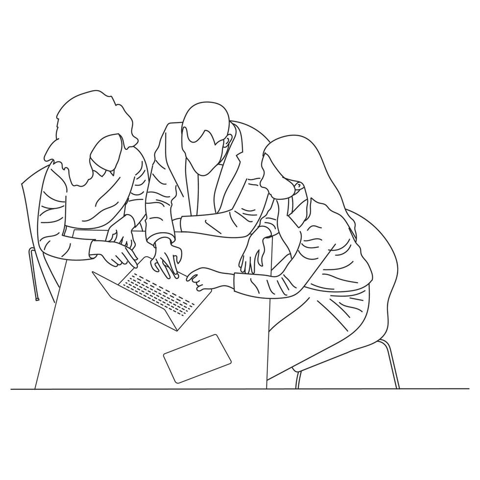 Business meeting discussion between workers in the office hand drawn vector illustration line art design.