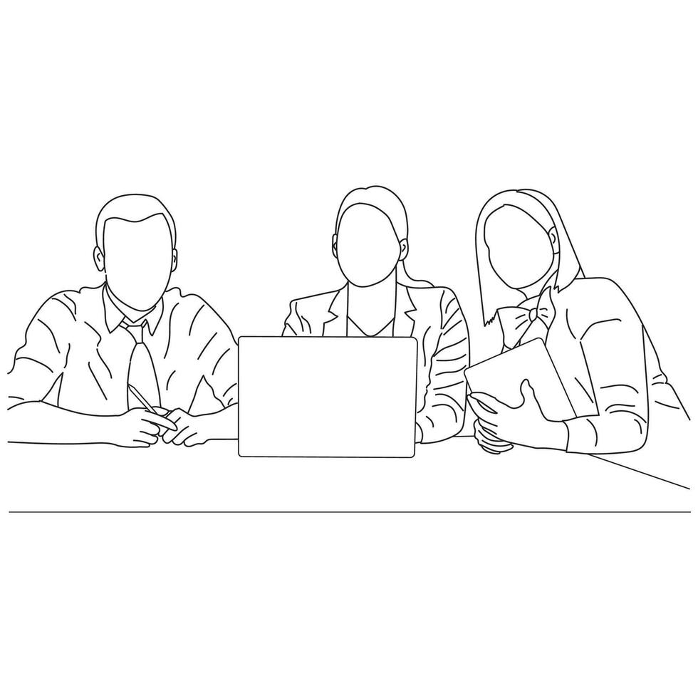 Business meeting discussion between workers in the office hand drawn vector illustration line art design.