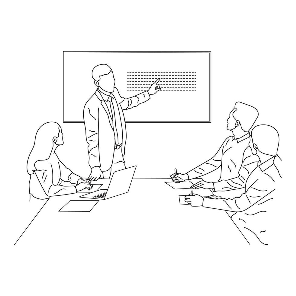Business meeting discussion between workers in the office hand drawn vector illustration line art design.