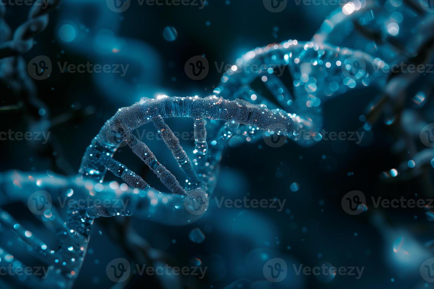 AI generated A close-up of a DNA double helix illuminated with a blue glow and surrounded by particles, symbolizing the essence of life and genetic complexity. photo