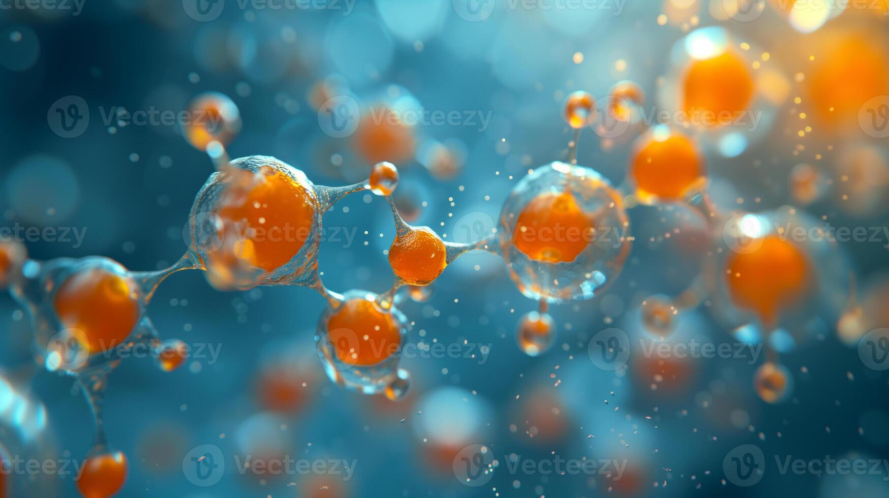 AI generated Molecules with interconnected spheres in orange and blue, symbolizing scientific molecular structures. photo