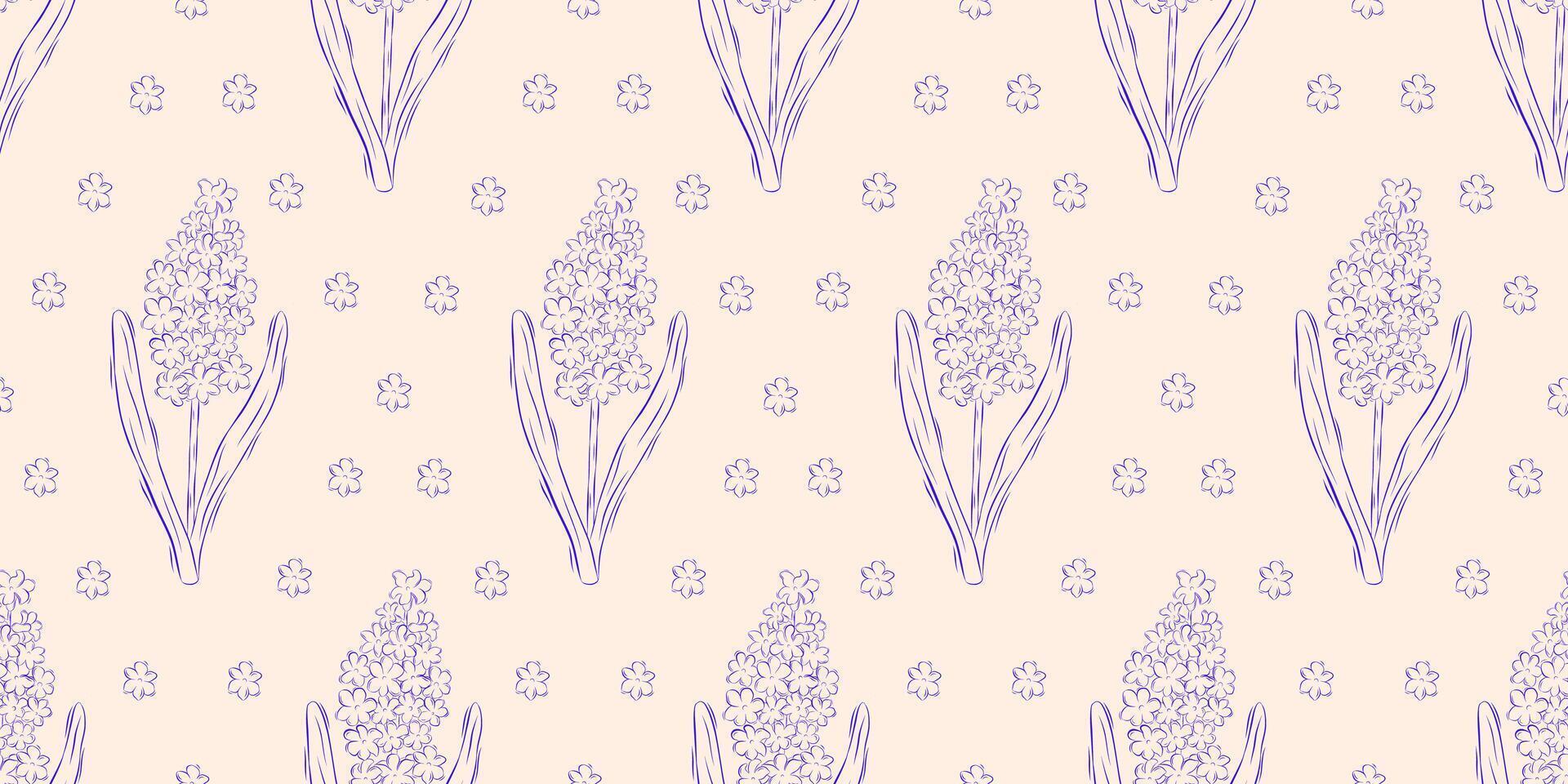 Seamless pattern with hyacinths. Spring background. Packaging design, textiles in retro rustic style. Vector illustration