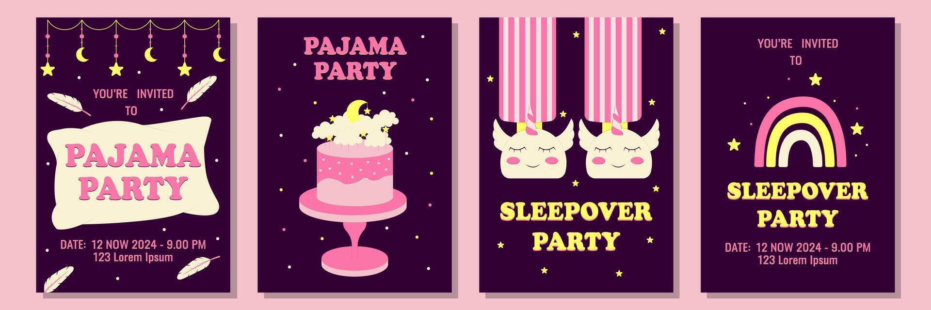 Set of invitations or posters for pajama party. Themed bachelorette party, sleepover or birthday party. Vector illustration