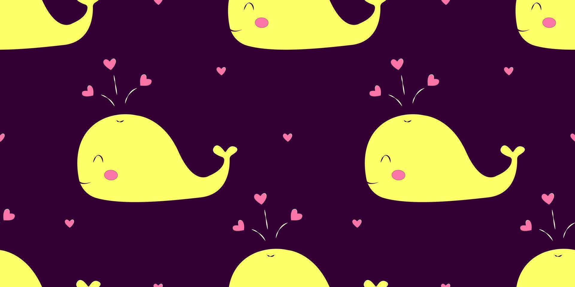 Seamless pattern of whale with hearts on a dark blue background. Sleep concept. Vector illustration