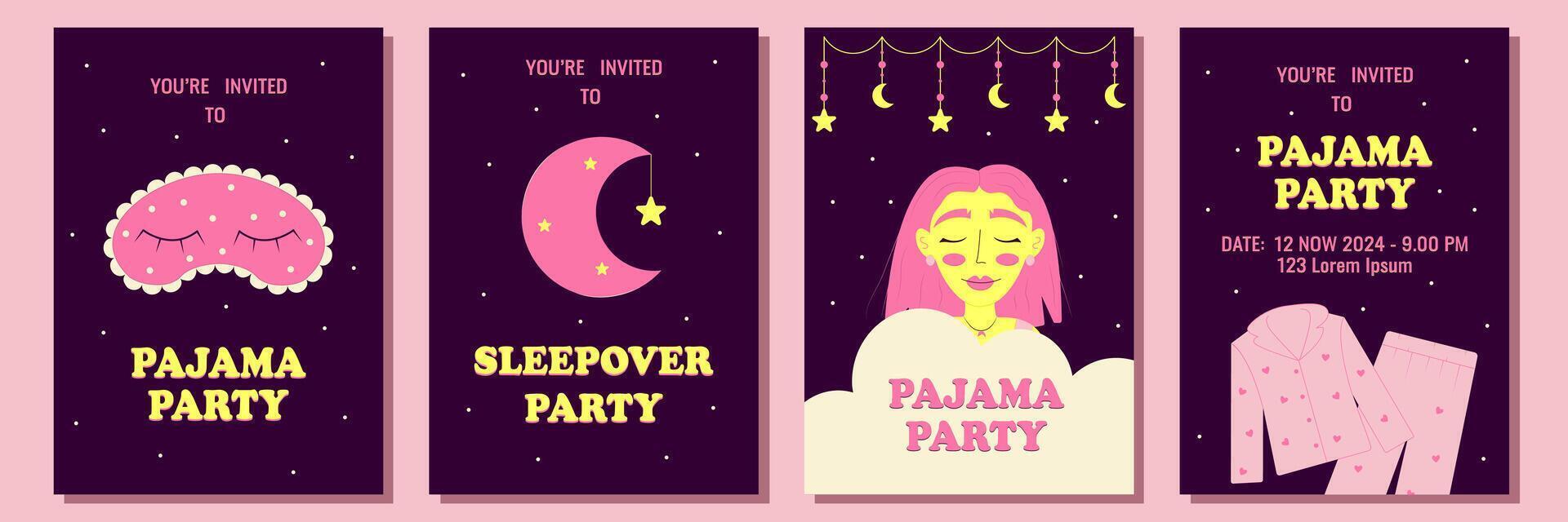 conjunto de invitaciones o carteles para pijama fiesta. temática despedida de soltera fiesta, fiesta de pijamas o cumpleaños fiesta. vector ilustración