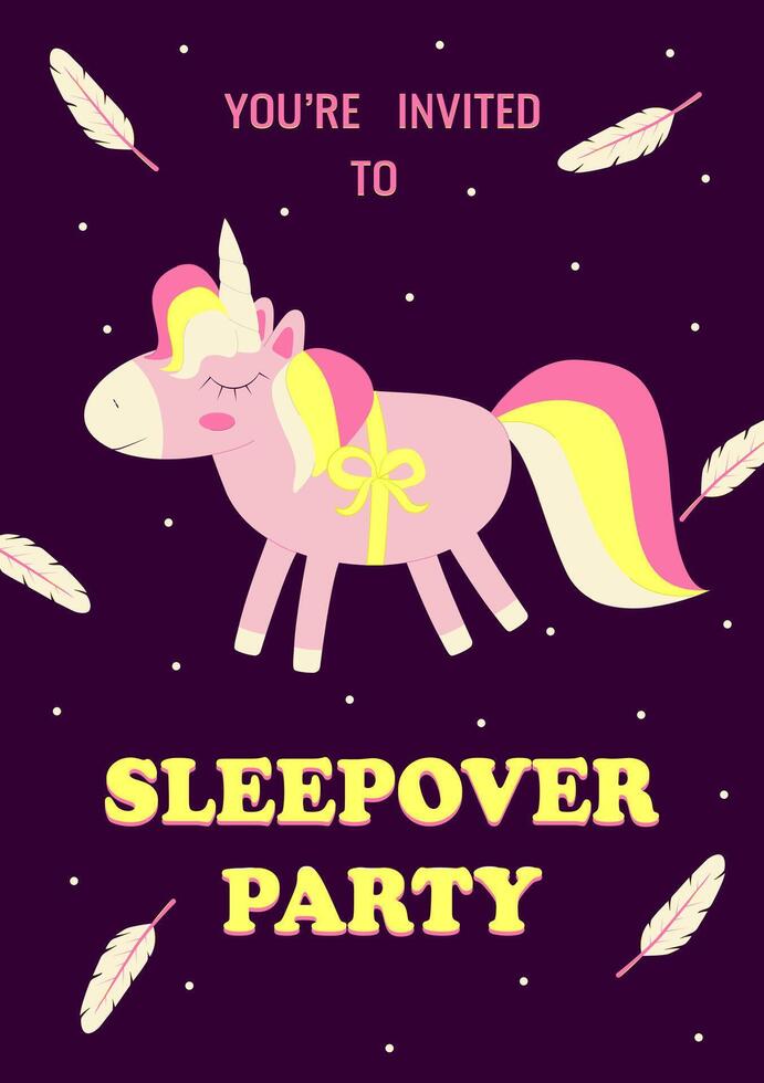 Invitation to a sleepover party. Cute unicorn and feathers in the sky. A themed bachelorette party, sleepover or birthday party. Vector illustration