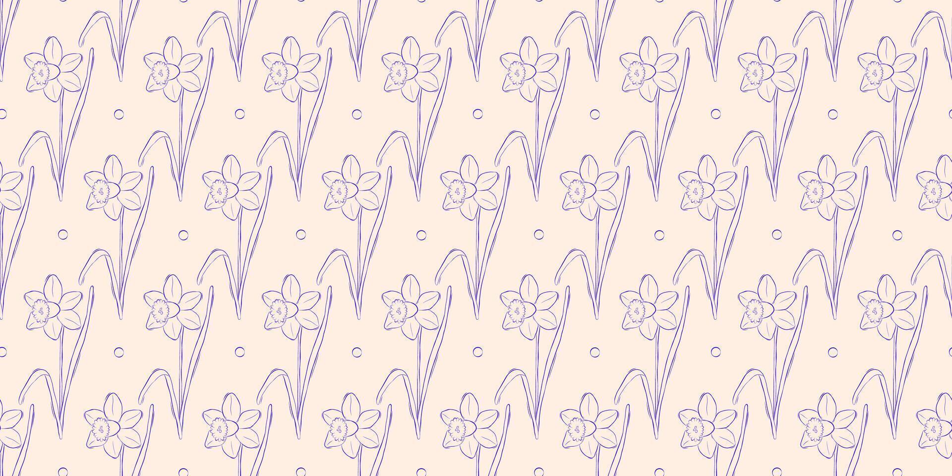 Seamless pattern with daffodils or narcissus. Spring background. Packaging design, textiles in retro rustic style. Vector illustration