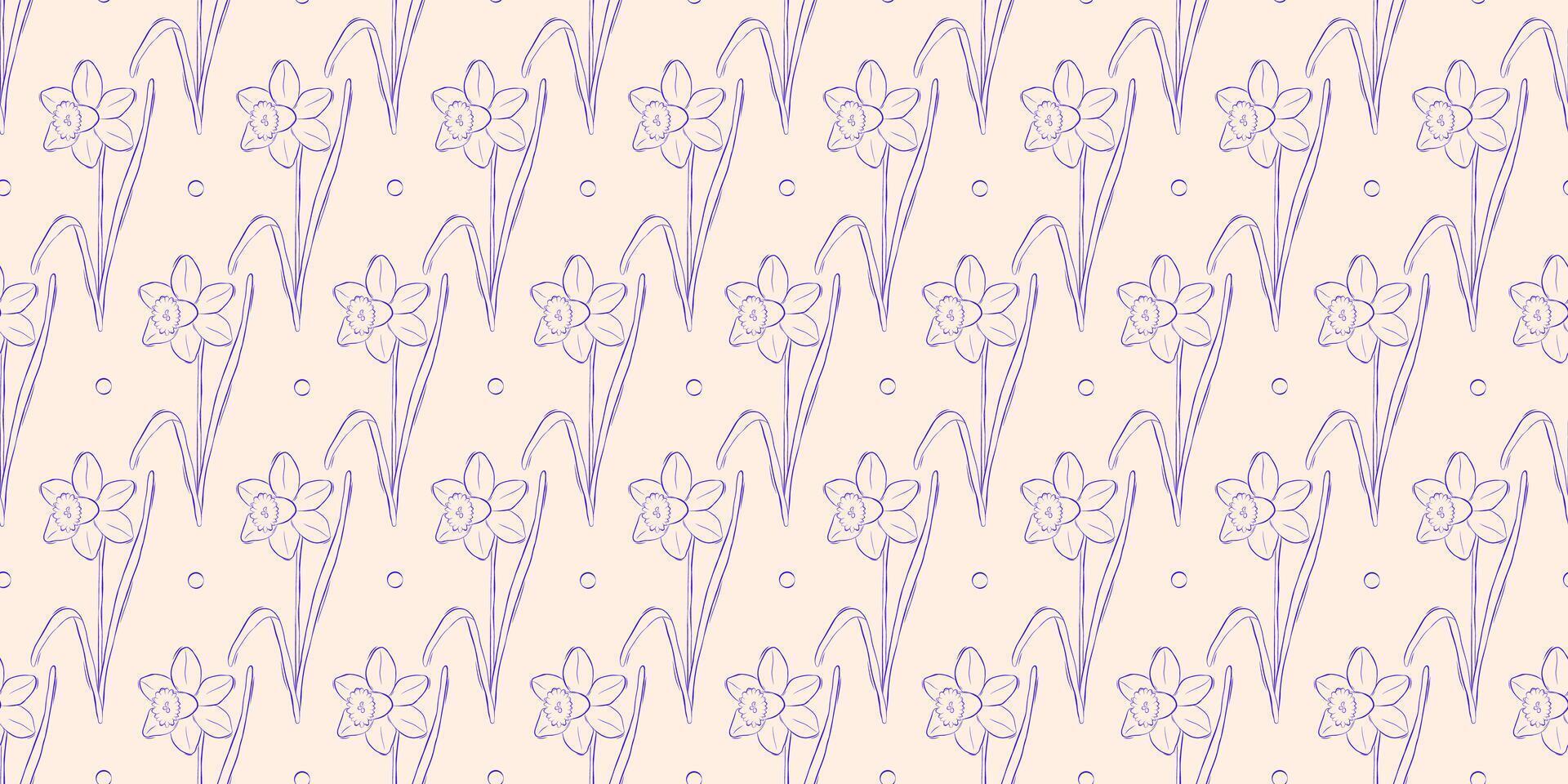 Seamless pattern with daffodils or narcissus. Spring background. Packaging design, textiles in retro rustic style. Vector illustration