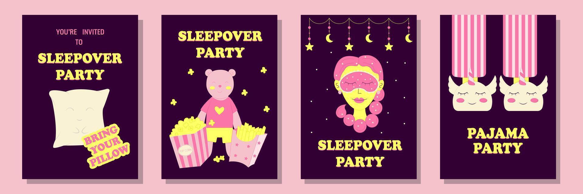 Set of invitations or posters for pajama party. Themed bachelorette party, sleepover or birthday party. Vector illustration