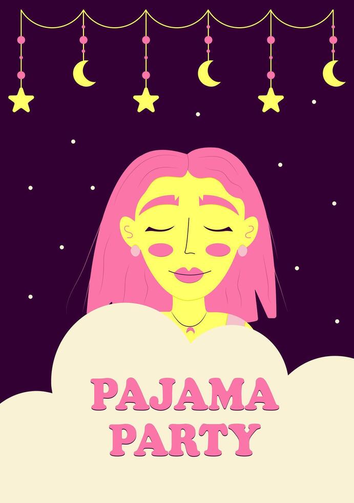 Pajama party poster invitation. Sleeping girl stars and moon above her head. Themed bachelorette party, sleepover party. Vector illustration