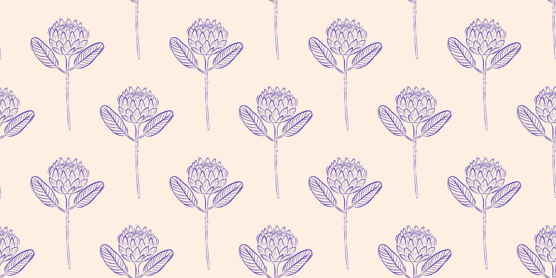 Seamless pattern with protea. Spring or summer background. Packaging design, textiles in retro rustic style. Vector illustration