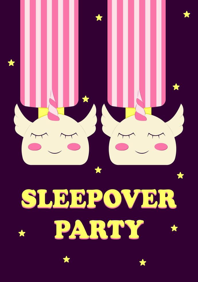 Pajama party poster invitation. Feet in unicorn slippers. Themed bachelorette party, sleepover party. Vector illustration