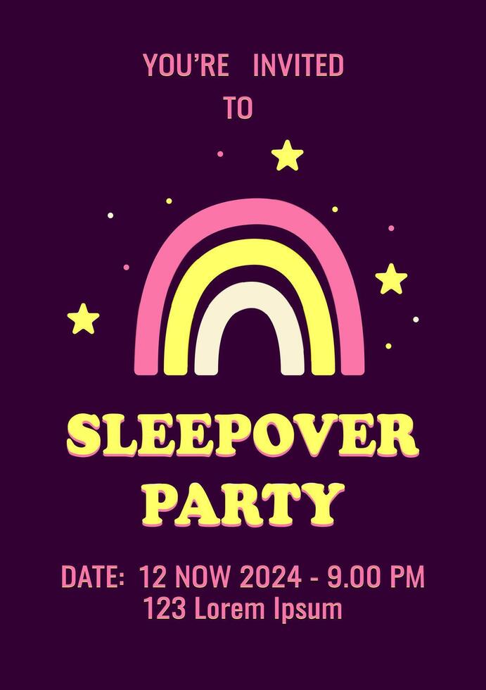 Invitation to a sleepover party. Rainbow with stars. A themed bachelorette party, sleepover or birthday party. Vector illustration