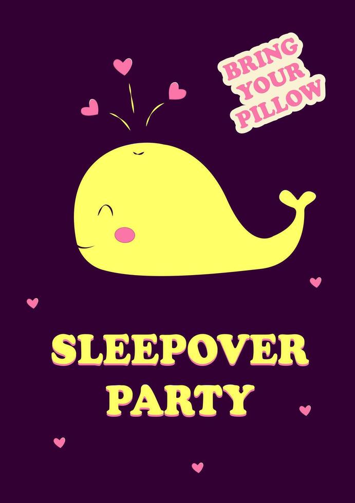Invitation to a sleepover party. Bring your pillow. Whale swims across the sky. A themed bachelorette party, sleepover or birthday party. Vector illustration