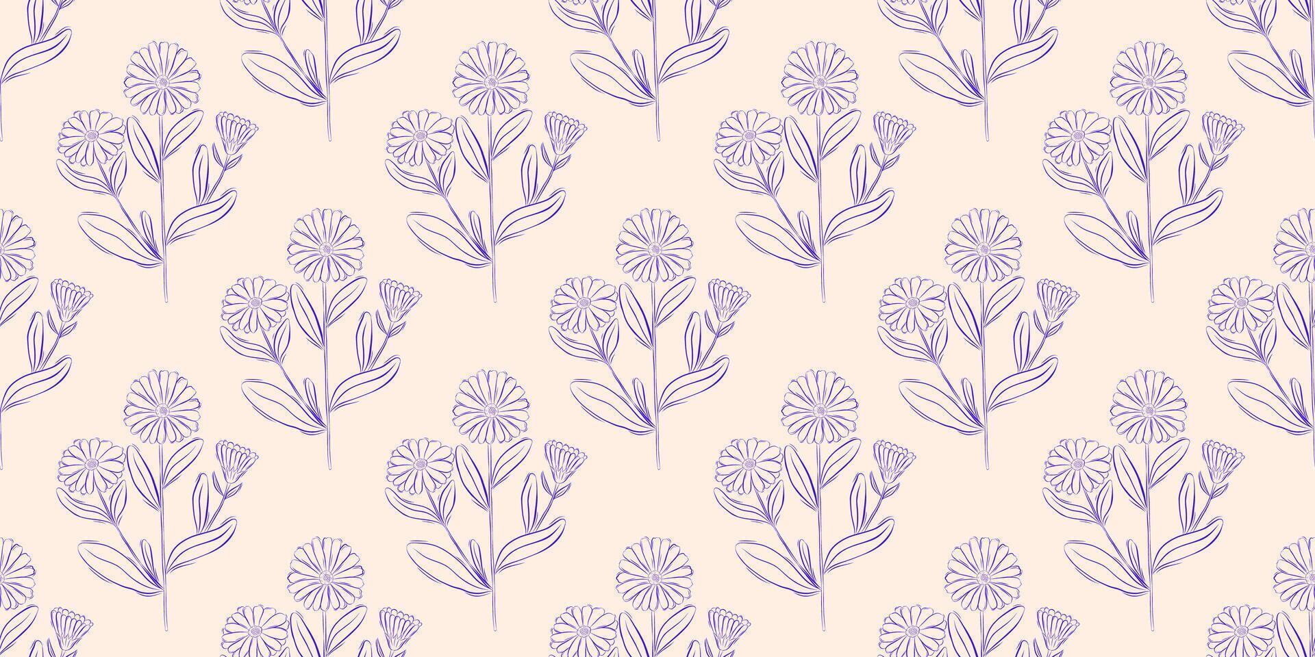 Seamless pattern with calendula flowers. Spring or summer background. Packaging design, textiles in retro rustic style. Vector illustration