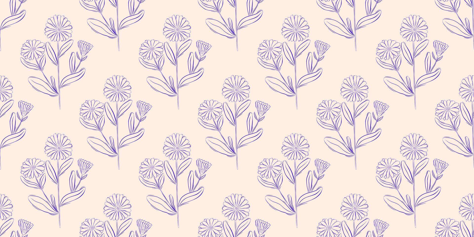 Seamless pattern with calendula flowers. Spring or summer background. Packaging design, textiles in retro rustic style. Vector illustration