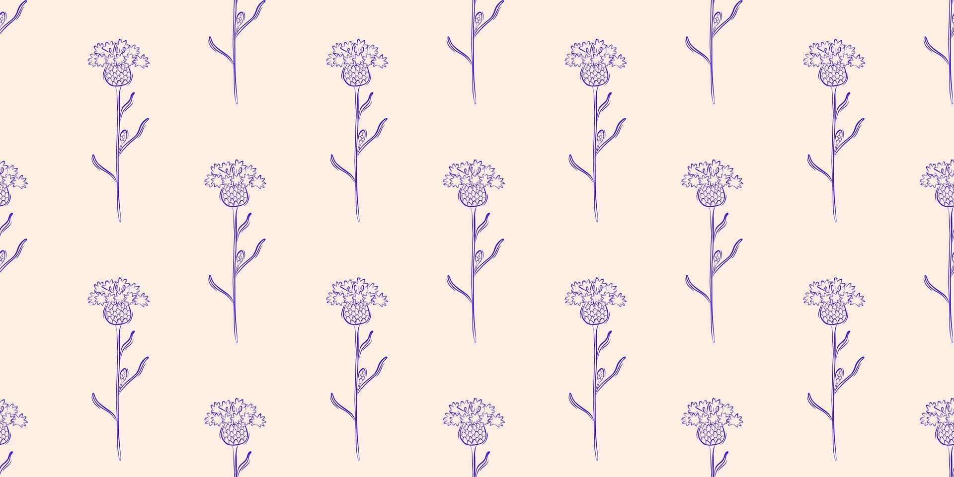 Seamless pattern with cornflower. Spring or summer background. Packaging design, textiles in retro rustic style. Vector illustration