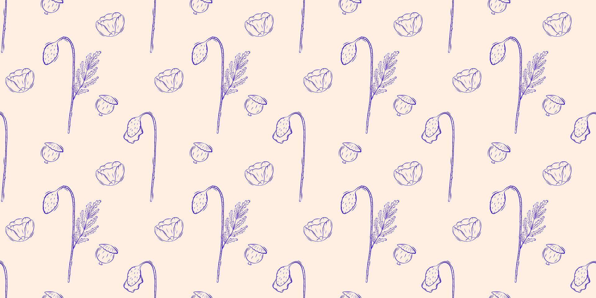 Seamless pattern with poppies. Spring or summer background. Packaging design, textiles in retro rustic style. Vector illustration
