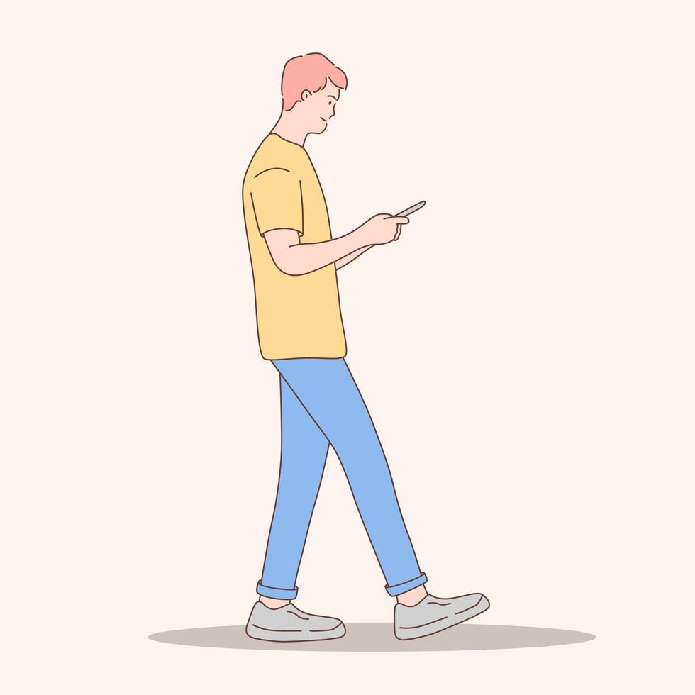 illustration of a man walking while holding a smartphone from the side vector