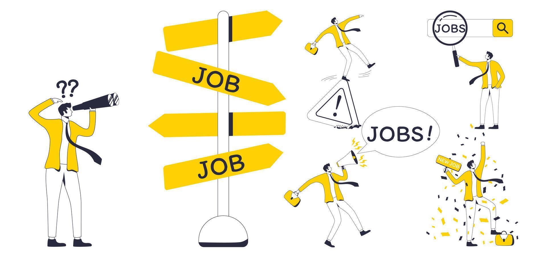 set of job seeker illustrations, yellow and black vector