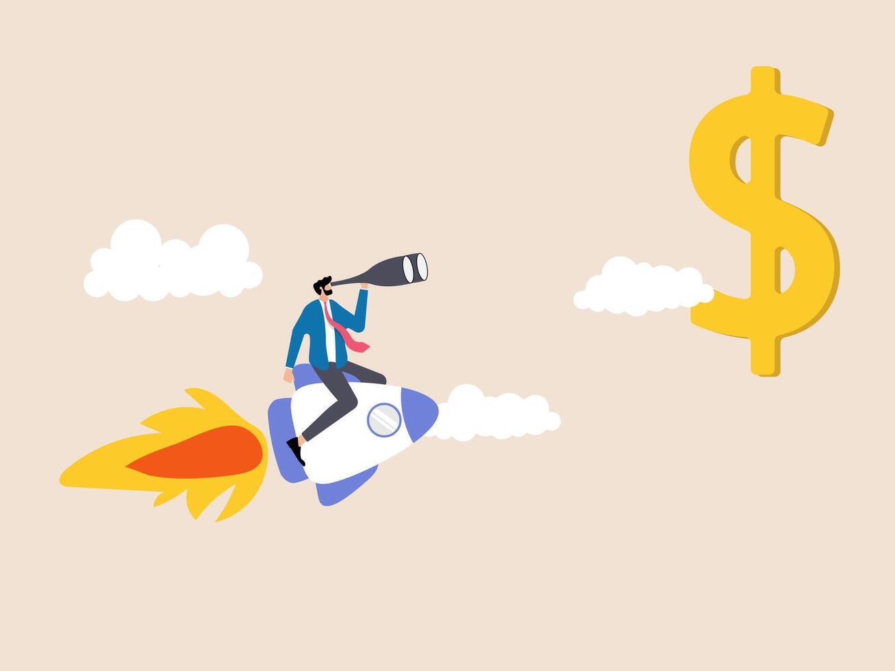 business man flying on a rocket and looking at dollars with binoculars vector