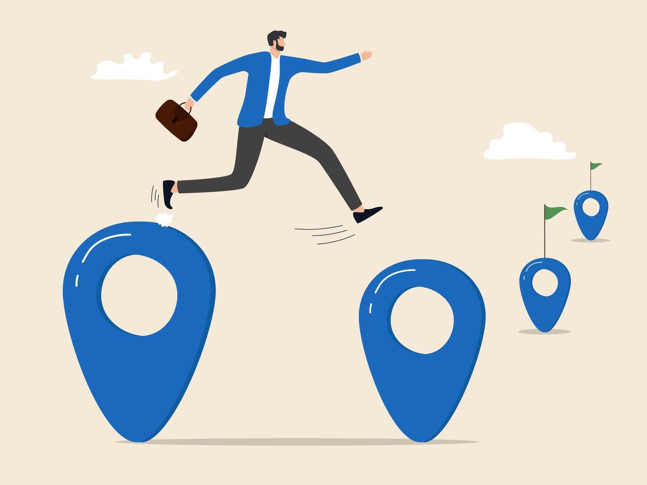 businessman jumping from map point to map point vector