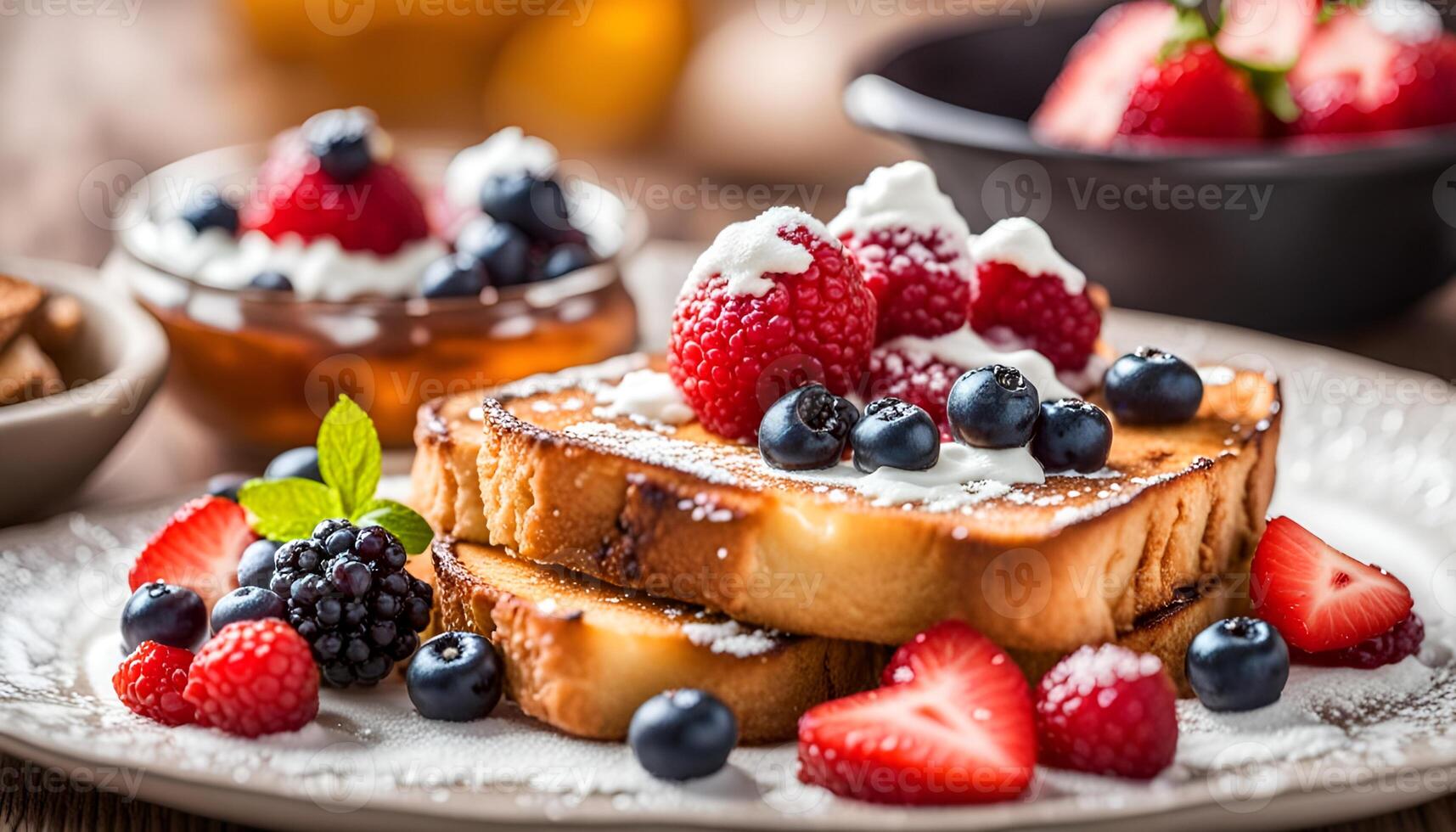 ai generado francés brindis con ricotta y bayas, delicioso desayuno. foto