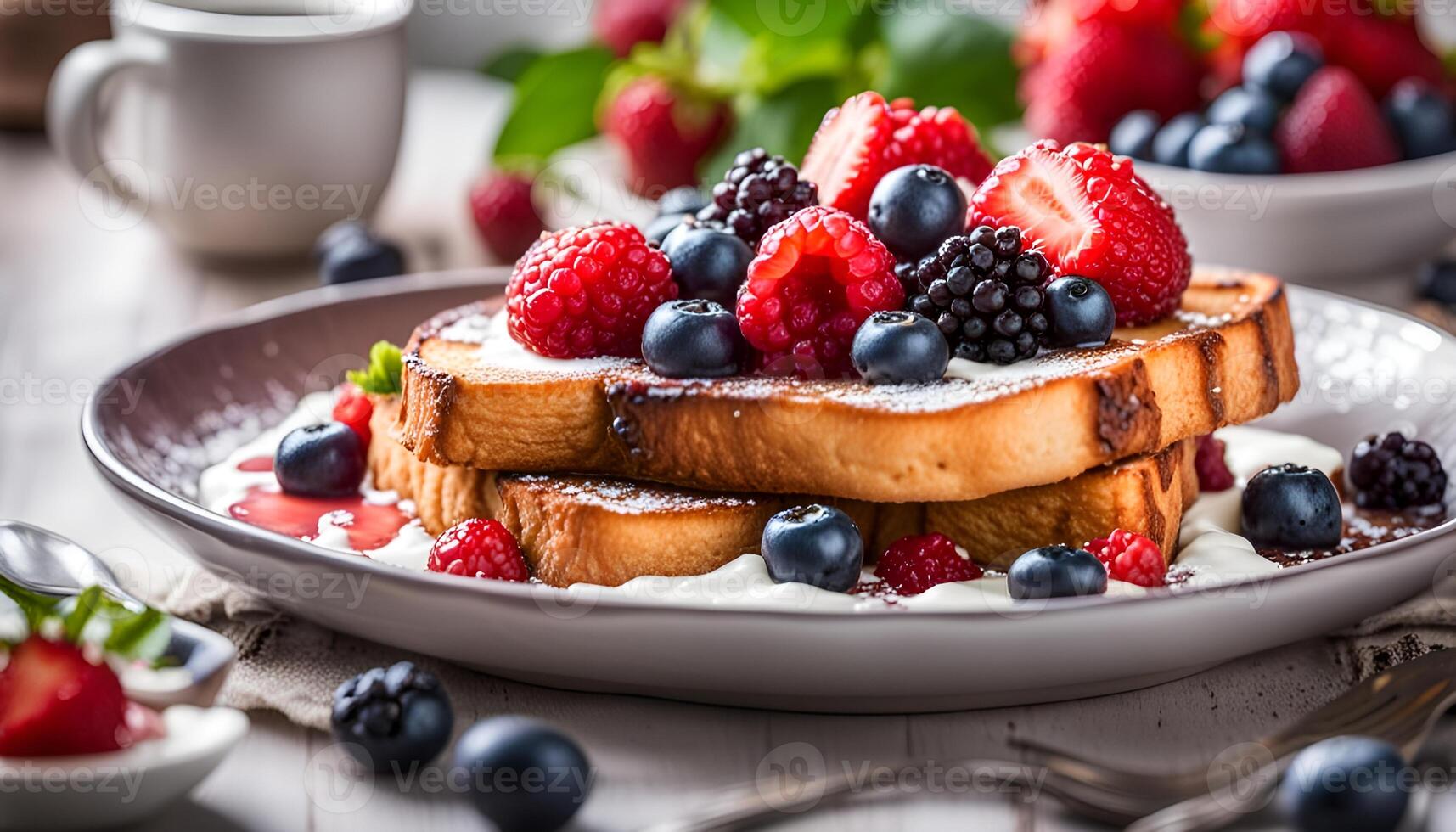 ai generado francés brindis con ricotta y bayas, delicioso desayuno. foto