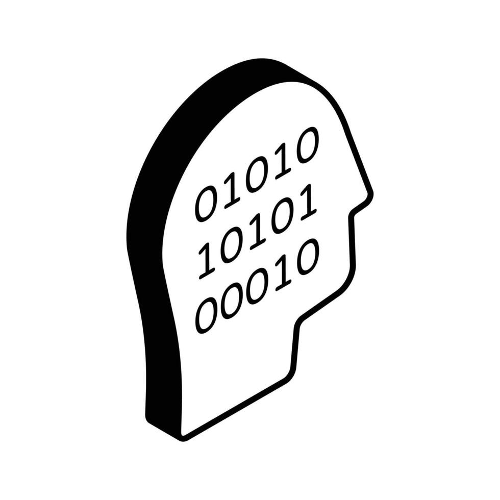 Human head having binary code, computer expert isometric vector design, programmers icon design