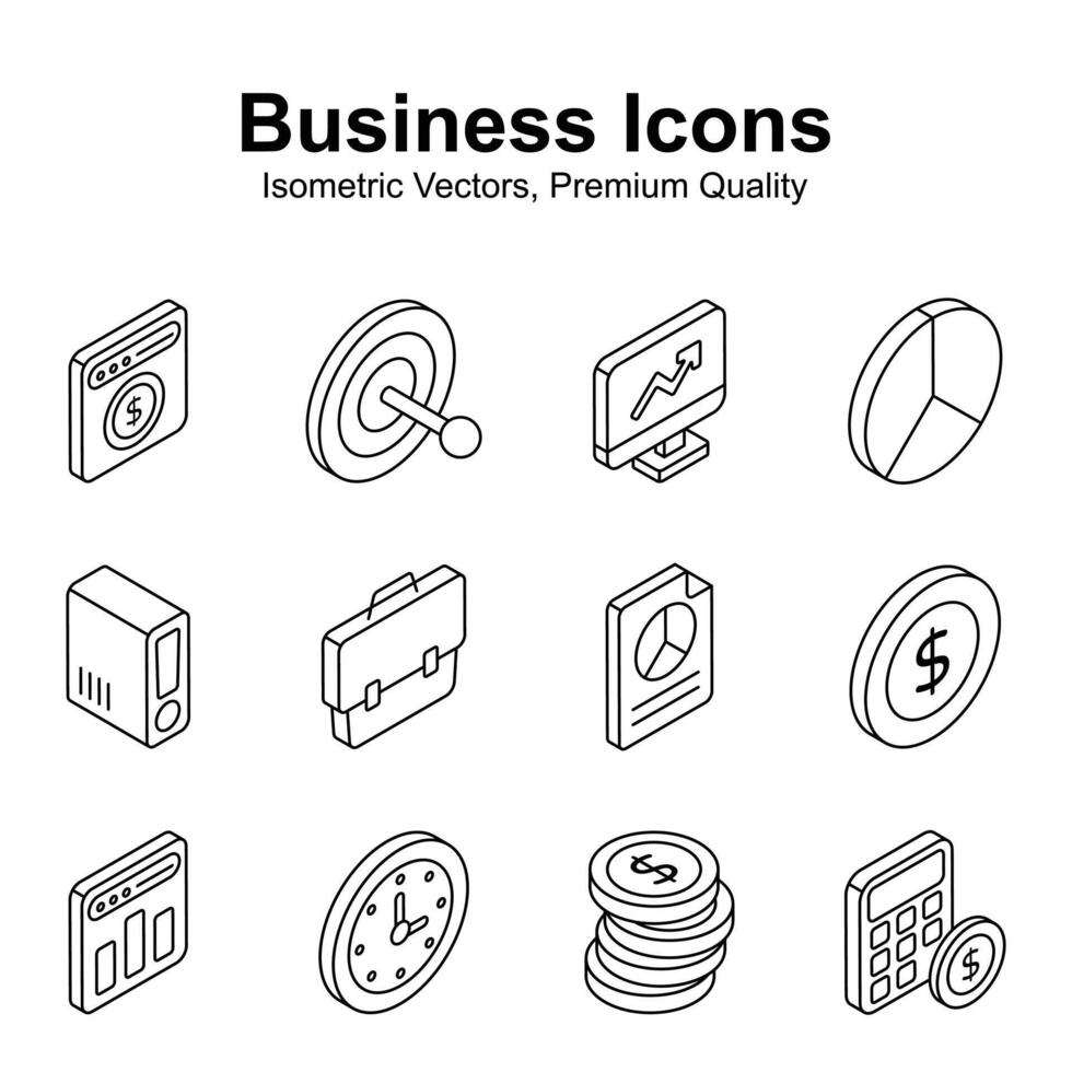 Grab this carefully crafted business isometric icons set in trendy style, ready for premium use vector