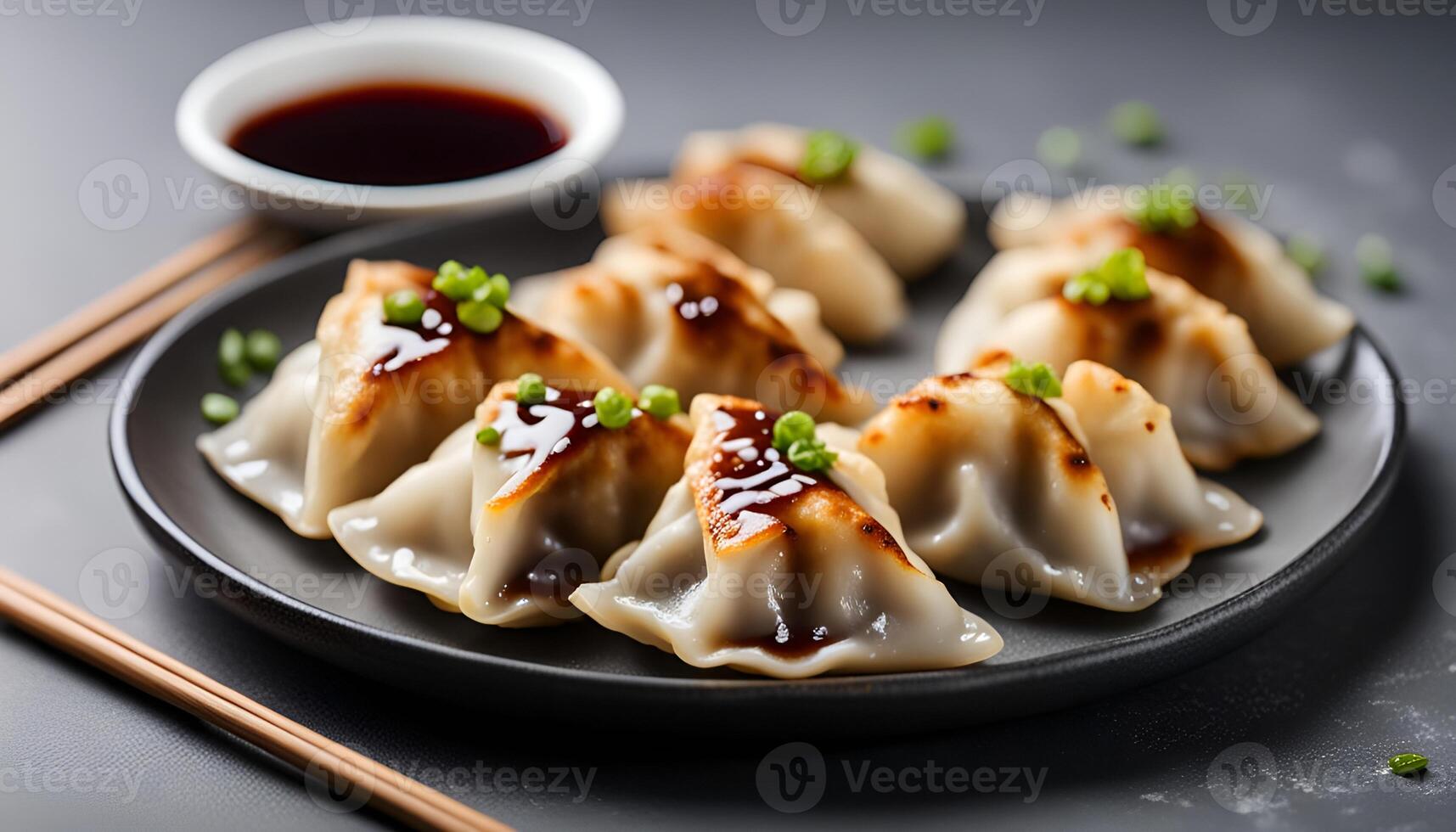 AI generated Taiwanese and Japanese Pan-fried gyoza dumpling jiaozi food in a plate with soy sauce on gray table background. photo